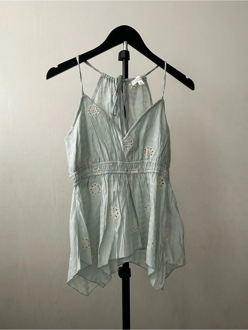 Light Blue Eyelet Halter Camisole Top with Smocked Waist